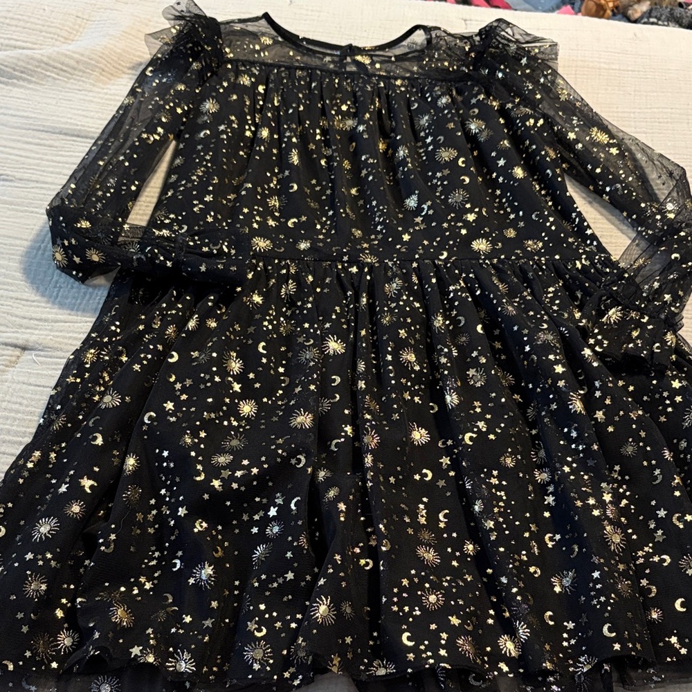 Crewcuts Midnight Black Dress with Gold Celestial Patterns